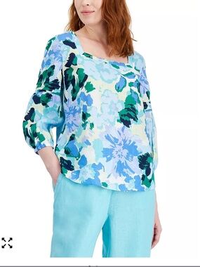 Charter Club Women's 100% Linen Printed Square-Neck Top Size XS NWT